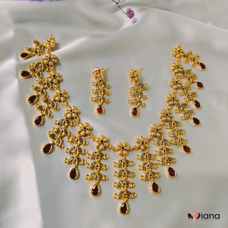 Ruby CZ Stone Polki Necklace Set