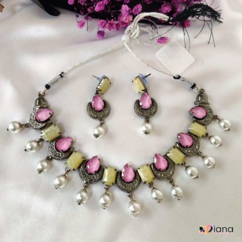 Oxidised Silver Necklace Set Pink Color