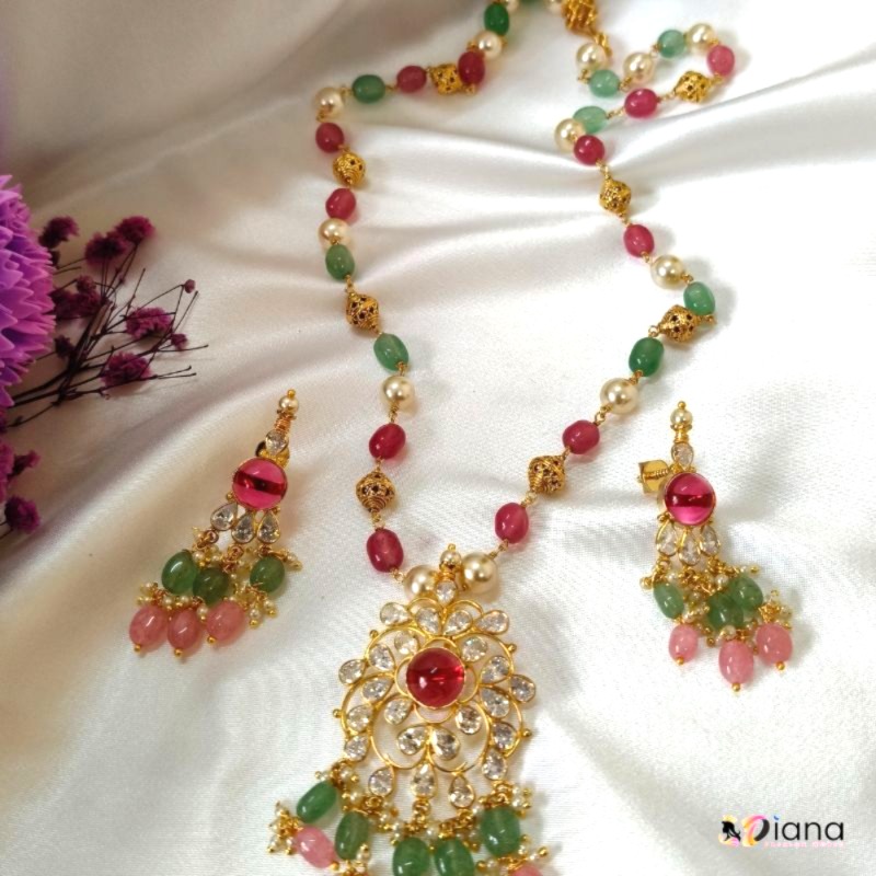 Multi Crystal Beads Polki Stone Long Necklace Set