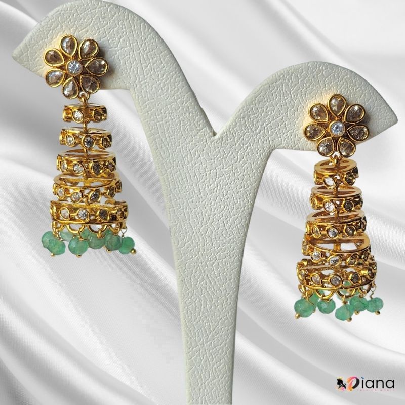 Green Beads Droped Long Polki & AD Stone Jhumkas
