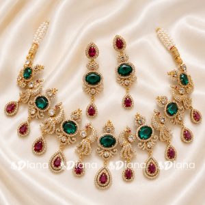 Moissanite Peacock Emerald & Ruby CZ Cascade Antique Gold Necklace & Earring Set