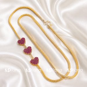 Triple Ruby Pavé Heart Double Strand Long Mope Chain in Micro Gold Plating | Romantic Statement Everyday Chain