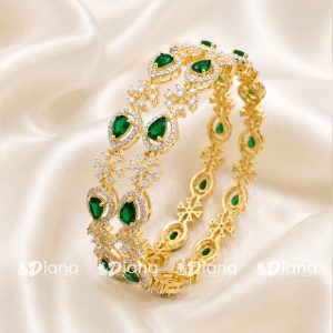 Luxury Emerald Green Stone Gold-Plated Bangles for Women | CZ Diamond Designer Bridal Bangle Set