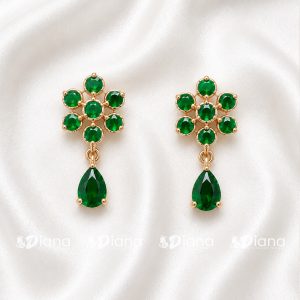 Swarnika Rose Gold-Tone Emerald CZ Floral Cluster Drop Earrings with Teardrop Pendant