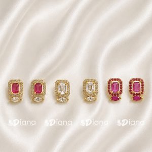 Micro Gold Plated AD Stone Rectangle Halo Stud Earrings with Oval Drop