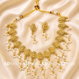 Lakshmi Oval Coin Pearl Cluster Drop Antique Gold Temple Necklace & Earring Set