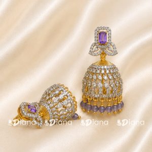 Diamond Look Amethyst Emerald-Cut & Pavé CZ Open Lattice Jhumka Earrings – Two-Tone Gold & Gunmetal Finish
