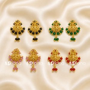 Micro Gold Plated Goddess Lakshmi Temple Stud Earrings with Coloured Bead Dangles