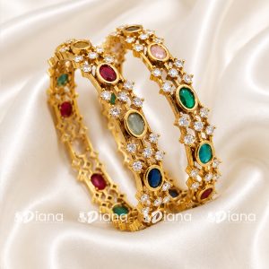 Multicolor Navaratna Stone Gold-Plated Bangles for Women | CZ Diamond Designer Ethnic Bangle Set