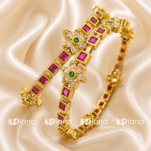 Traditional Ruby Stone Floral Gold-Plated Bangles for Women | Designer Ethnic Flower Motif Bangle Set