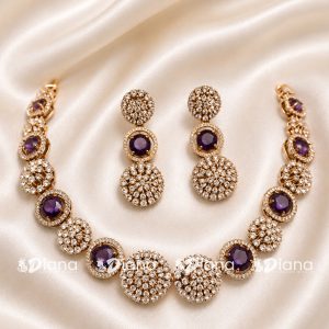 Amethyst Purple & CZ Cluster Alternating Disc Link Rose Gold Necklace & Stud Earring Set