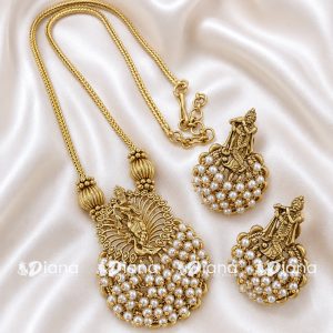 Antique Gold Radha Krishna Pearl Cluster Long Chain Pendant Necklace Set