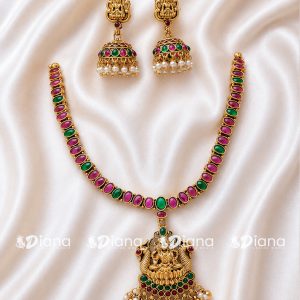 Antique Gold Nakshi Gajalakshmi Temple Pendant Necklace Set with Oval Kemp Stone Chain, Pearl & Gold Ball Drops and Lakshmi Jhumka Earrings