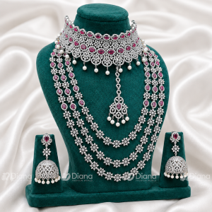 Premium AD Layered Choker Bridal Jewellery Combo Set with Maang Tikka and Jhumka Earrings