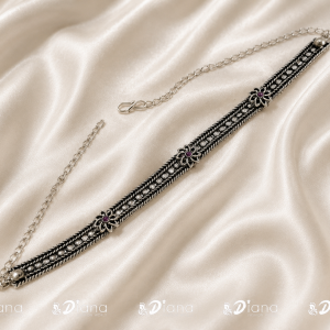 Oxidized Silver Floral Bar Choker with Adjustable Chain