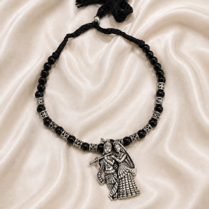 Oxidized Silver Radha Krishna Pendant Necklace with Black Beaded Thread